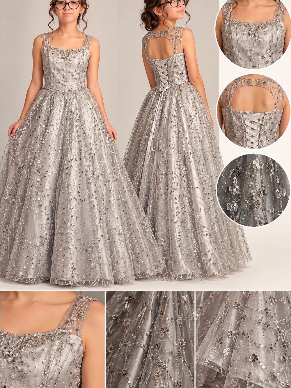 Embellished Silver Ball Gown Prom Dress with Lace-Up Back